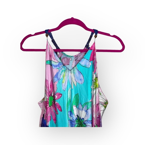 Boston Proper 𑁍 Floral Print Tassel Necklace Handkerchief Hem Dress 𑁍 Aqua 𑁍 - Picture 6 of 16